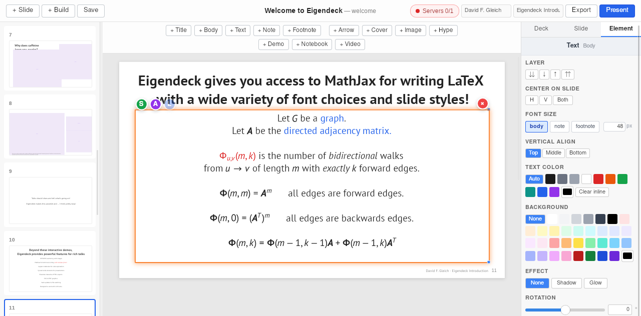 The Eigendeck editor — toolbar, canvas, and the Element inspector