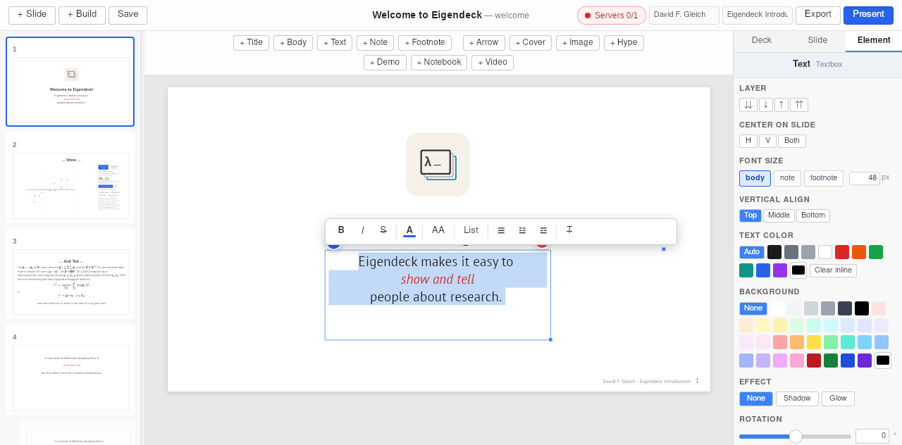 The floating text-format panel above a text element being edited